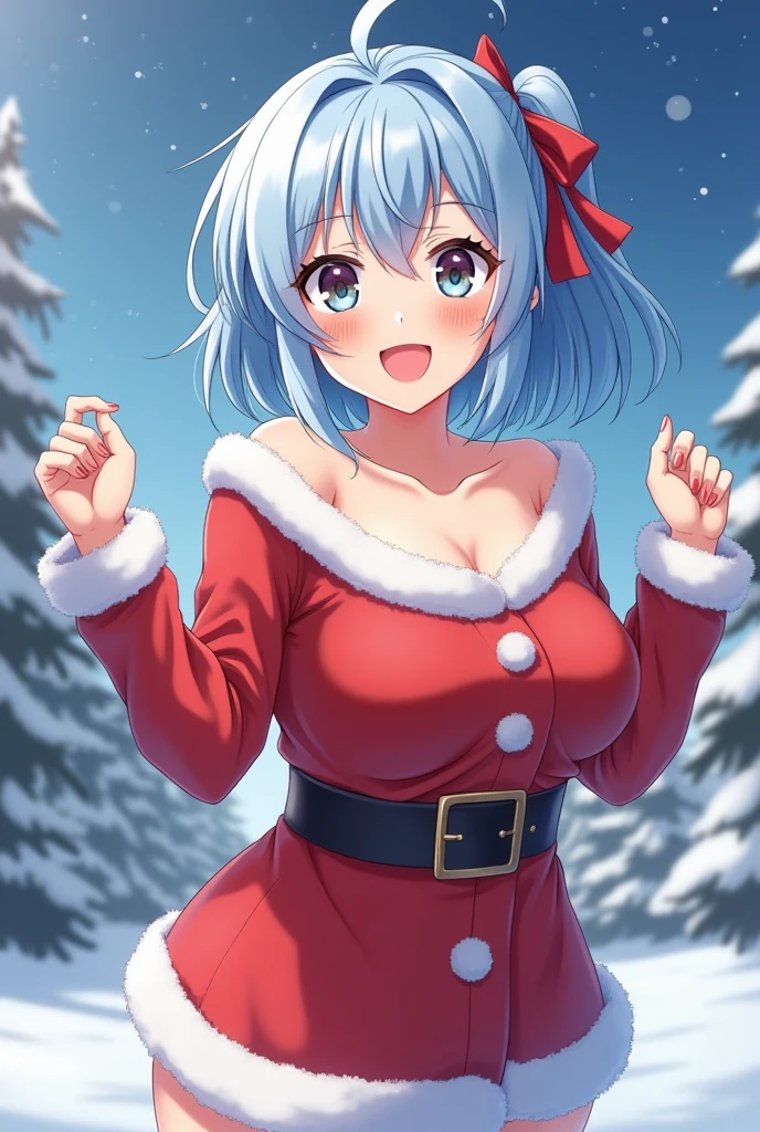 In the snowy city in winter,Voluminous and fluffy Santa costume,The chest is fluttering,Wrap the body with a ribbon,Loose socks,Christmas tree,Beautiful and fantastic night view,Light blue hair,Orange Eyes,Reindeer and sleigh,Open your legs from side to side on the sled,There are many gifts and ornaments around,There are also many thick vibrators and sex toy vibrators,SEX,AHE Face,red tide,Put your fingers inside your pants and pull them to the side,White liquid on the body and face,White liquid overflowing from the crotch,Smokexxx,Gentle smile,I'm glad to drool,