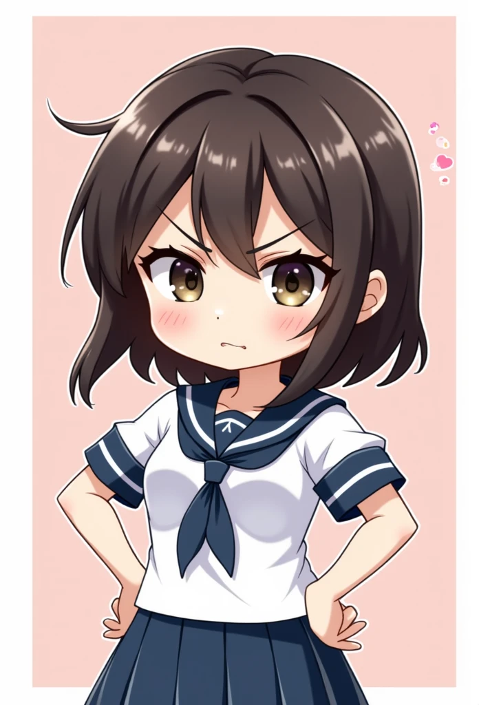 Chibi super cute girl in a sailor uniform costume . With hands on her hips and an angry expression, her eyebrows are raised sharply, and her eyes are slanted upwards to emphasize the feeling of anger.