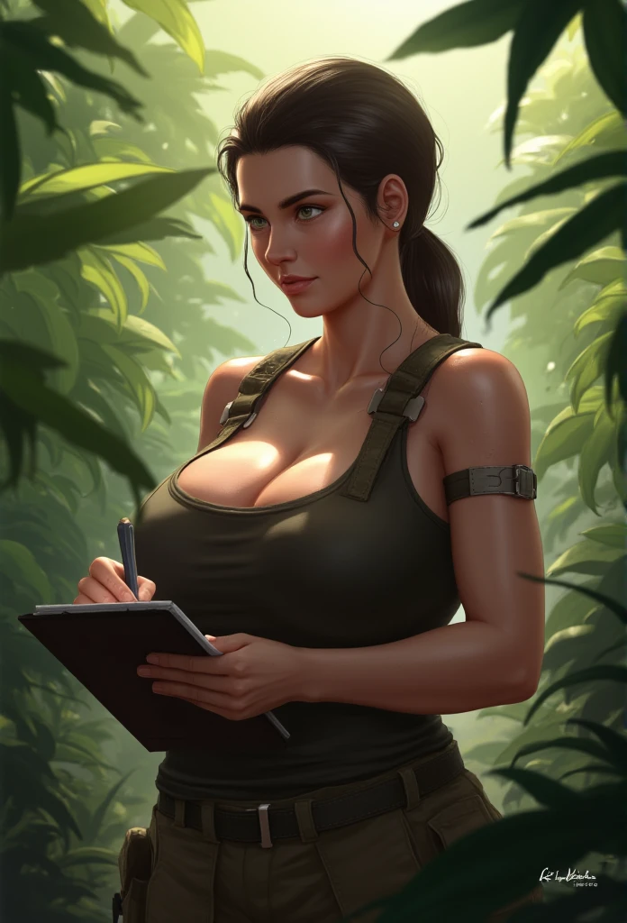 A determined scientist in the field: Under the hot sun in a remote jungle, a determined scientist takes notes on her clipboard. Dressed in a utility vest over a fitted tank top, her big breasts create a noticeable silhouette under the rugged clothing. Her hair is tied back, and her face is focused as she navigates her environment. Despite the tough terrain, she moves confidently, with a strength that matches her deep intellect.