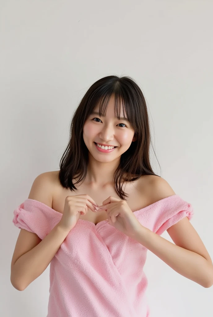 Only one woman with a cute smile wears cute, fluffy off-shoulder pajamas, makes a big heart shape with both hands, and poses them in front of her chest, View above collarbone、The background is a monotone 

