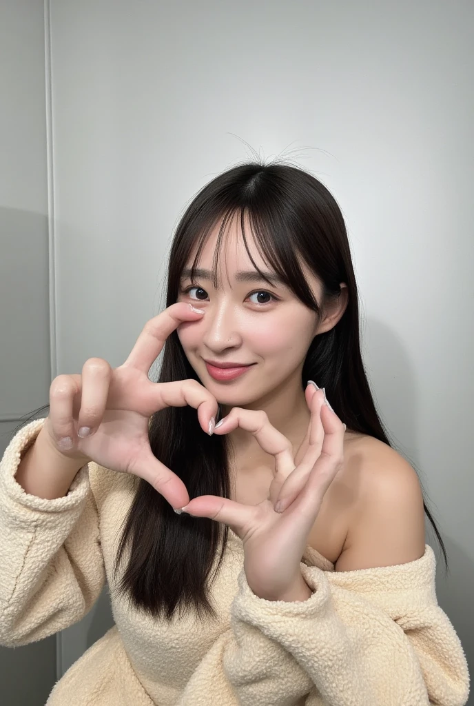 Only one woman with a cute smile wears cute, fluffy off-shoulder pajamas, makes a big heart shape with both hands, and poses them in front of her chest, View above collarbone、The background is a monotone 

