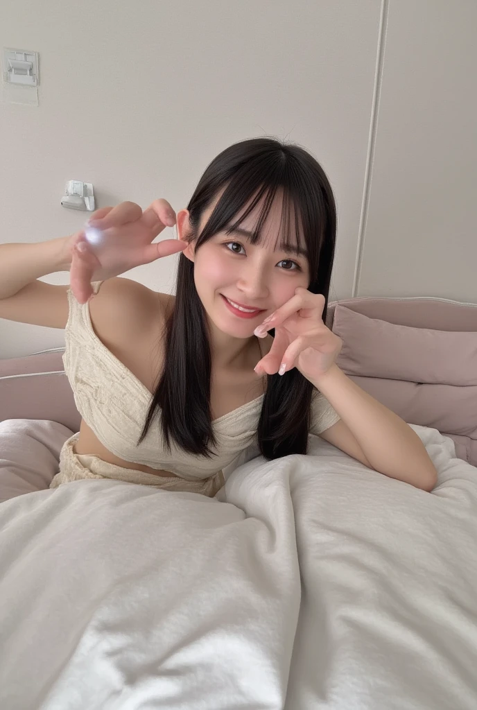 Only one woman with a cute smile wears cute, fluffy off-shoulder pajamas, makes a big heart shape with both hands, and poses them in front of her chest, View above collarbone、The background is a monotone 

