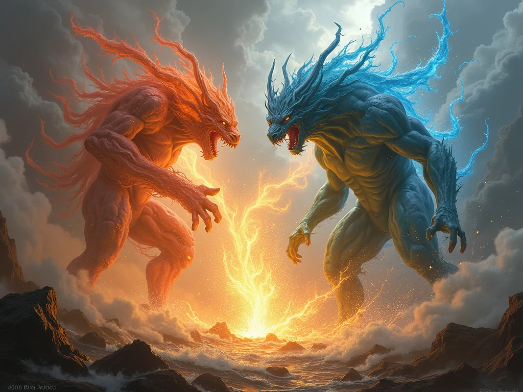 (Photorealism:1.2), The Final Battle Between the Fire Demon and the Ice Demon