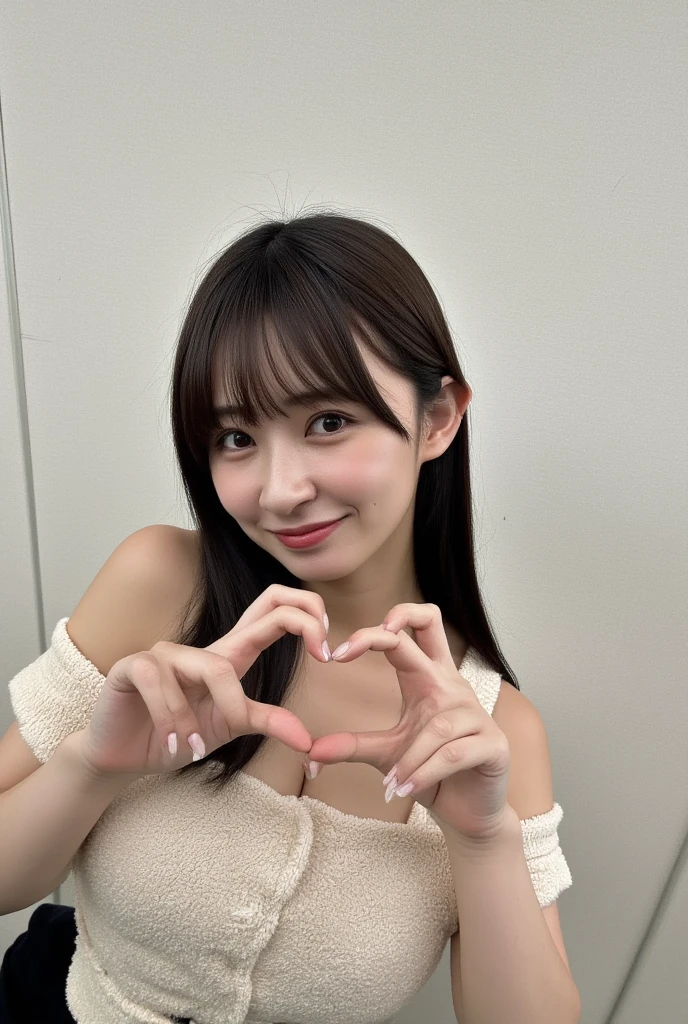 Only one woman with a cute smile wears cute, fluffy off-shoulder pajamas, makes a big heart shape with both hands, and poses them in front of her chest, View above collarbone、The background is a monotone 

