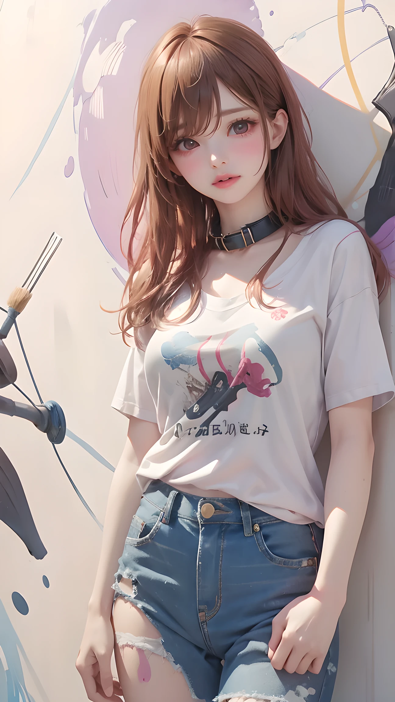   Ayaka Kamiuri  |genshin impact,   masterpiece , most, 1 female,2, proportion body, slender legs,  , proportion.,   Jacket ,   Pants Short jeans ,   Medium Chest  , ,only,   Jacket , collar, (  Wall painting  :1.5),   that splashed violet-blue  .,   put your hands behind  , Leaning against the wall, View viewers from the front., Leg strap,  Tilt your head, boring  ,(  National Agency for Technological Development  .:1.2), (10, most,   masterpiece : 1.4),   Red hair,   very high definition  , (lifelike,   Realistic Portrait  : 1.48), (View through   Jacket .),   Japanese famous actor  ,    Clear Eyes ,  Tilt your head,   Cowboy Shooting  , from the front,  long and smooth blond hair {x}, Poker face,   lagoon,   Zeiss lenses 150mm  . f/2.0/2.0/ 2.  8 Hasselblad  ,   , feet,  Extremely wide angle ,  Sexy girl in   & cites ;  Unrealistic graphics  & cites ;,   text on OK and a tight denim skirt is posing for a photo.,    paired with a short t-shirt  , OK, , thin,   small breasts, thin girl model,  Soaked ตะลึง , Soaked,  2 models , Long grey hair,   lying on the bed  ,Polishing ，cute， Full Body ,   paired with a short t-shirt  , OK, thin body, , , bigger breasts  , thin girl model,  Model 