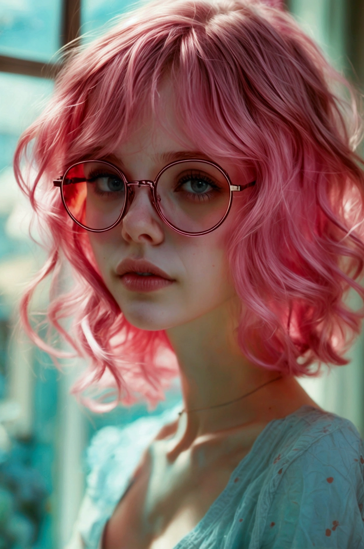 Brunette, 18 years old, dark pink glasses, tall, pale skin, geeky, confident, small chest, circle glasses, slim, pale skin, waist up shot, brown wavy hair