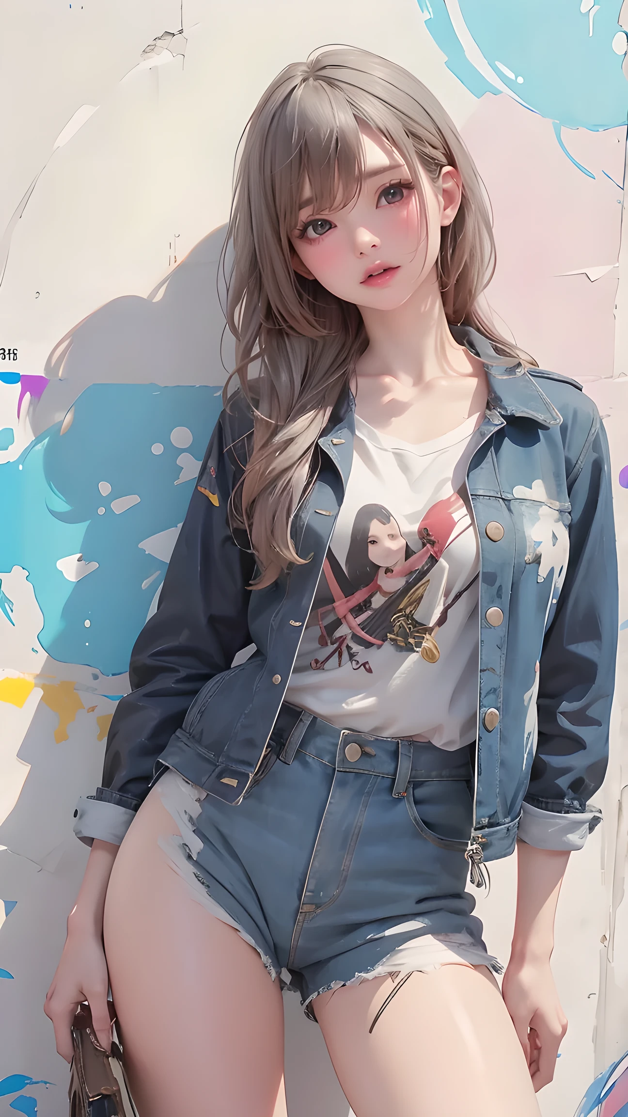Ayaka Kamiuri |genshin impact, Masterpiece , most, 1 female,2, proportion body, slender legs, , proportion., Jacket สวมทับชุดเดรสสีขาว, Pants Short jeans , Medium Chest , ,only, Jacket , collar, ( Wall painting :1.5), that splashed violet-blue ., put your hands behind , Leaning against a wall, , View viewers from the front., Leg strap, Tilt your head, boring ,( National Agency for Technological Development .:1.2), (10, most, Masterpiece : 1.4), Gray hair, very high resolution , (lifelike, Realistic Portrait : 1.48), (View through Jacket .), Japanese famous actor , Clear Eyes , Tilt your head, Cowboy Shooting , from the front, View Audience, Poker face, lagoon, Zeiss lenses 150mm . f/2.0/2.0/ 2. 8 Hasselblad , feet, Extremely wide angle , Sexy girl in & cites ; Unrealistic graphics & cites ;, text on OK and a tight denim skirt posing for a photo., paired with a short t-shirt , OK, , thin, thin girl model, Soaked ตะลึง , Soaked, 2 model, Long grey hair, lying on the bed ,Polishing ,cute, paired with a short t-shirt , OK, thin body, thin girl model, model,According to,Gray hair