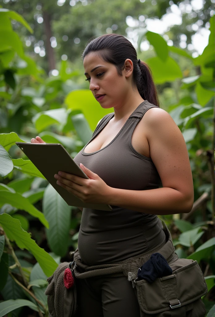 A determined scientist in the field: Under the hot sun in a remote jungle, a determined scientist takes notes on her clipboard. Dressed in a utility vest over a fitted tank top, her big breasts create a noticeable silhouette under the rugged clothing. Her hair is tied back, and her face is focused as she navigates her environment. Despite the tough terrain, she moves confidently, with a strength that matches her deep intellect.