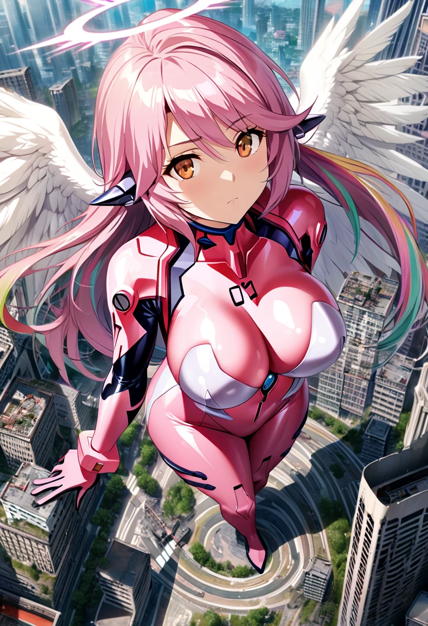 jibril,(big breast),(big white wing),(angel wing),(glamorous),(girl towering over miniature city),(huge girl),from above,bird's-eye view,plugsuit,pink latex bodysuit,shiny bodysuit,colorful hair,halo,sharp focus,extremely detailed CG,expressionless,ruined city,(mechanical ear),road,realstic