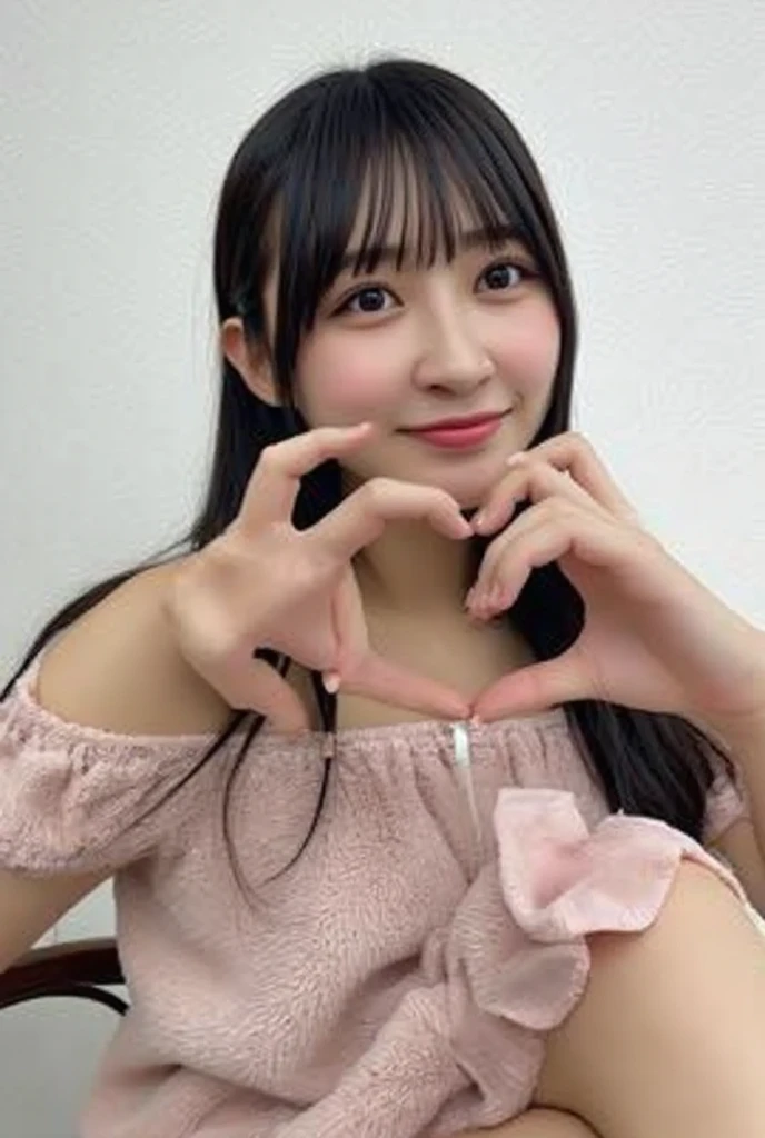 Only one woman with a cute smile wears cute, fluffy off-shoulder pajamas, makes a big heart shape with both hands, and poses them in front of her chest, View above collarbone、The background is a monotone 

