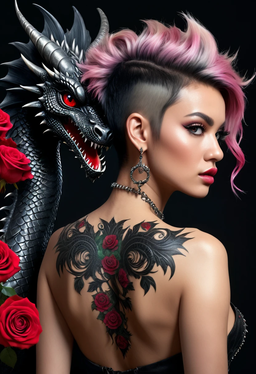 (best quality, 4k, 8K, high resolution, masterpiece: 1.2), ultra detailed: 1.4, back of a beautiful punk woman with a black dragon tattoo with roses, perfect body, mohawk hair:1,3 (photorealistic , intricate details: 1.37), highly detailed face, extremely detailed facial features, hyper-realistic skin texture, detailed skin texture, masterpiece, 8k, beautiful detailed eyes, beautiful detailed lips, extremely detailed face, long eyelashes, realistic, extremely details fine, photorealistic, dramatic lighting, moody lighting, cinematic lighting, physically based rendering, vivid colors, dramatic lighting, intricate details, cinematic composition, gothic fashion, dramatic pose