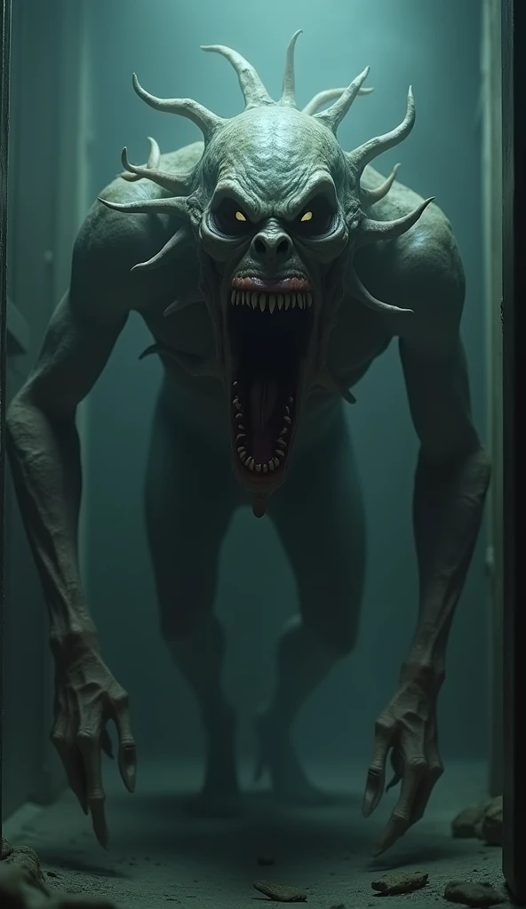 (photorealism:1.2), Terrifying alien in a room of a house, On the wall some words written in blood that say TERROR MG,that appears. Good words, In the dark 