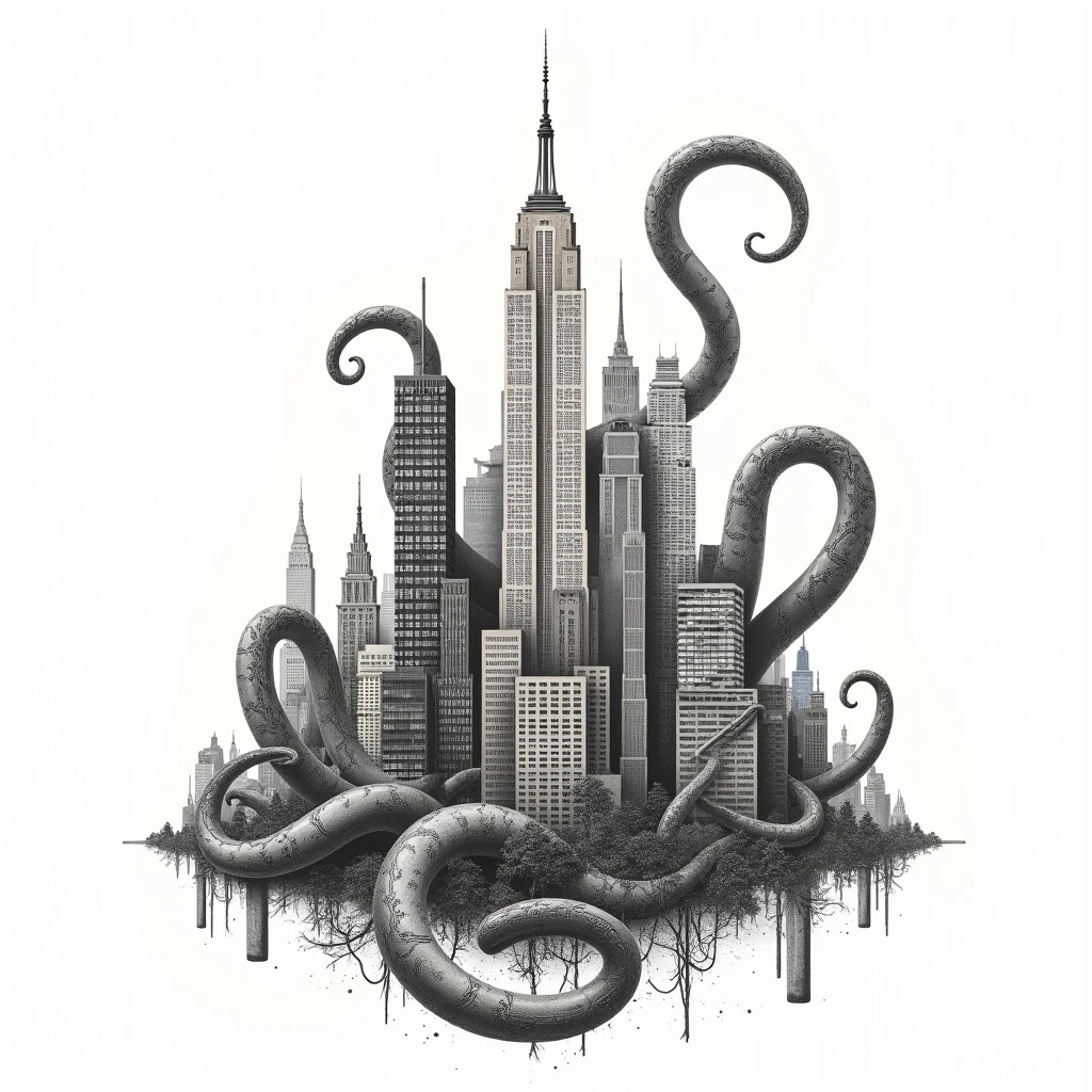 "Image of a print with huge tentacles of stock charts wrapping around city buildings, newspaper texture, wall street symbols, minimalism, on a white background"