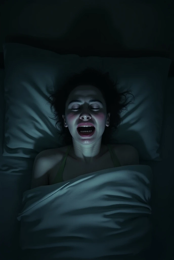 extreme closeup creepy screaming face portrait at night, flashlight light, sharp tooth