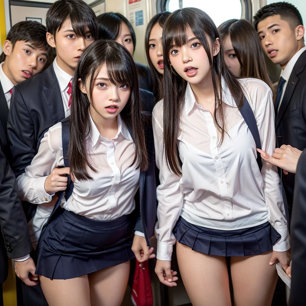 (((no one looks at the camera))), ((everyone is looking at the girl)), ((A girl's shirt and skirt are ripped off by men.)), ((Whole body concentration)), ((Molestation on the train)), ((A man presses his penis against a girl's thigh)), (((many men's handsが少女の体に触れます))), (((A man's hand raises the girl's hand and grabs the girl's breast))), (((A man's hand lifts a girl's skirt and penetrates her panties))), (((A man's hand holding a girl's arm))), ((Whole body concentration)), ((Molestation on the train)), (NSFW), masterpiece, highest quality, High resolution, (((1 girl))), ((short hair)), ((many men's hands)), Japanese, (cute:1.1), (school uniform: 1.2), Embarrassment, head tilt, masterpiece, highest quality, High resolution, (((1 girl))), Japanese, (Girl with very short hair), (simple suit: 1.1), (dress shirt: 1.1), in the train, (((many men's handsが少女の体に触れます))), (((A man's hand grabs a girl's chest))), (((A man's hand lifts a girl's skirt and penetrates her panties))), (((A man's hand holding a girl's arm)))