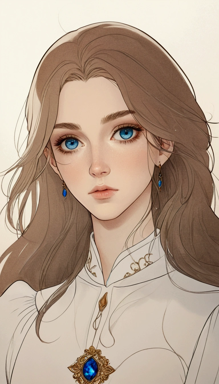 a woman with long hair and blue eyes wearing a white shirt, delicate androgynous prince, portrait knights of zodiac girl,  visual of a young woman, in the art style of bowater, beautiful androgynous prince, demain character