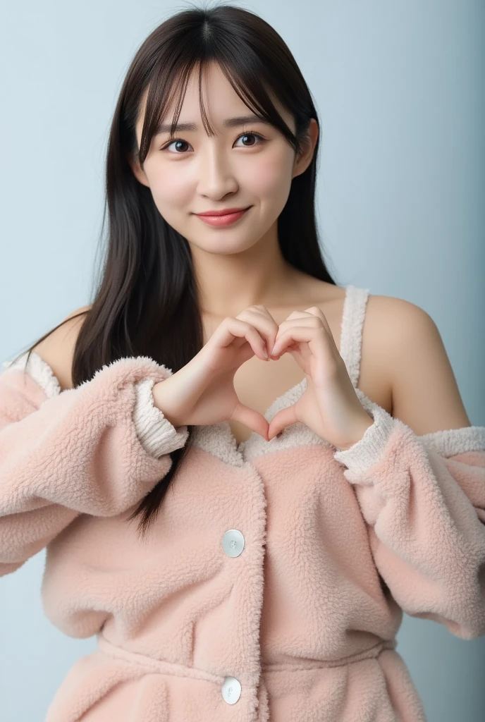 Only one woman with a cute smile wears cute, fluffy off-shoulder pajamas, makes a big heart shape with both hands, and poses them in front of her chest, View above collarbone、The background is a monotone 

