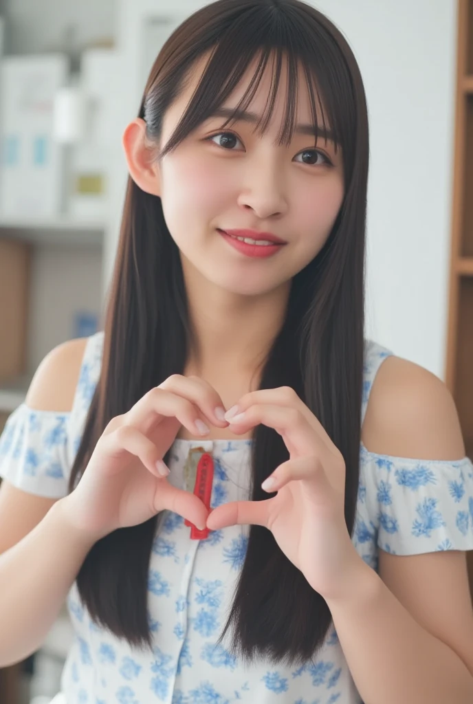 Only one woman with a cute smile wears cute, fluffy off-shoulder pajamas, makes a big heart shape with both hands, and poses them in front of her chest, View above collarbone、The background is a monotone 

