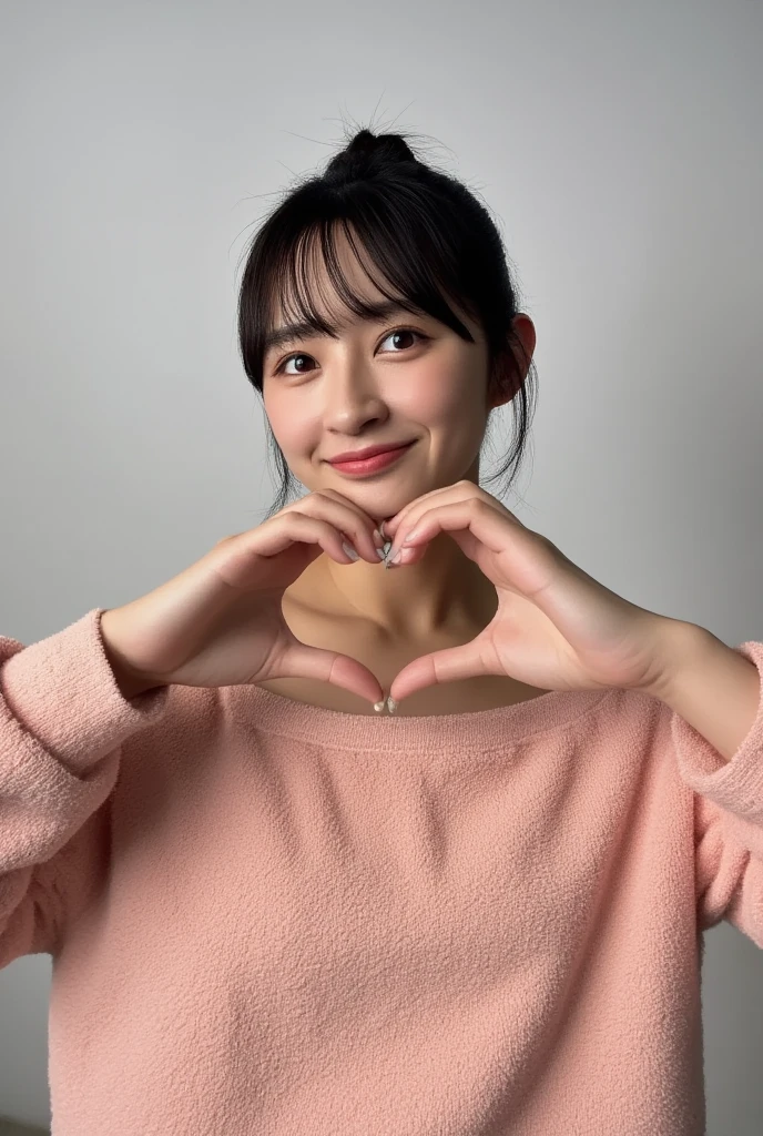 Only one woman with a cute smile wears cute, fluffy off-shoulder pajamas, makes a big heart shape with both hands, and poses them in front of her chest, View above collarbone、The background is a monotone 

