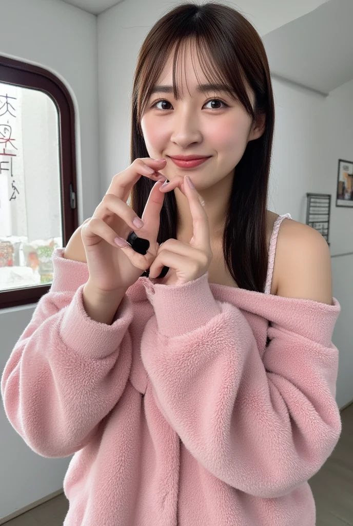 Only one woman with a cute smile wears cute, fluffy off-shoulder pajamas, makes a big heart shape with both hands, and poses them in front of her chest, View above collarbone、The background is a monotone 

