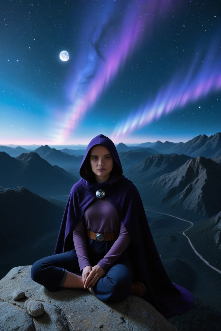 masterpiece, highcontrast, A jedi master with a yellow (old  ragged, hood, cape) sitting on rock meditading, top of the mountain, top view,  in a star wars landscape.  Blue and purple cloths, night time, space, stars, moons, and planets, purple aurora boreal, no face, 