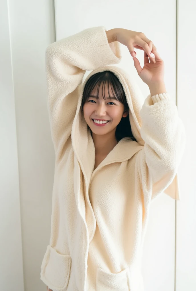 Only one woman with a cute smile wears cute, fluffy off-shoulder pajamas, makes a big heart shape with both hands, and poses them in front of her chest, View above collarbone、The background is a monotone 

