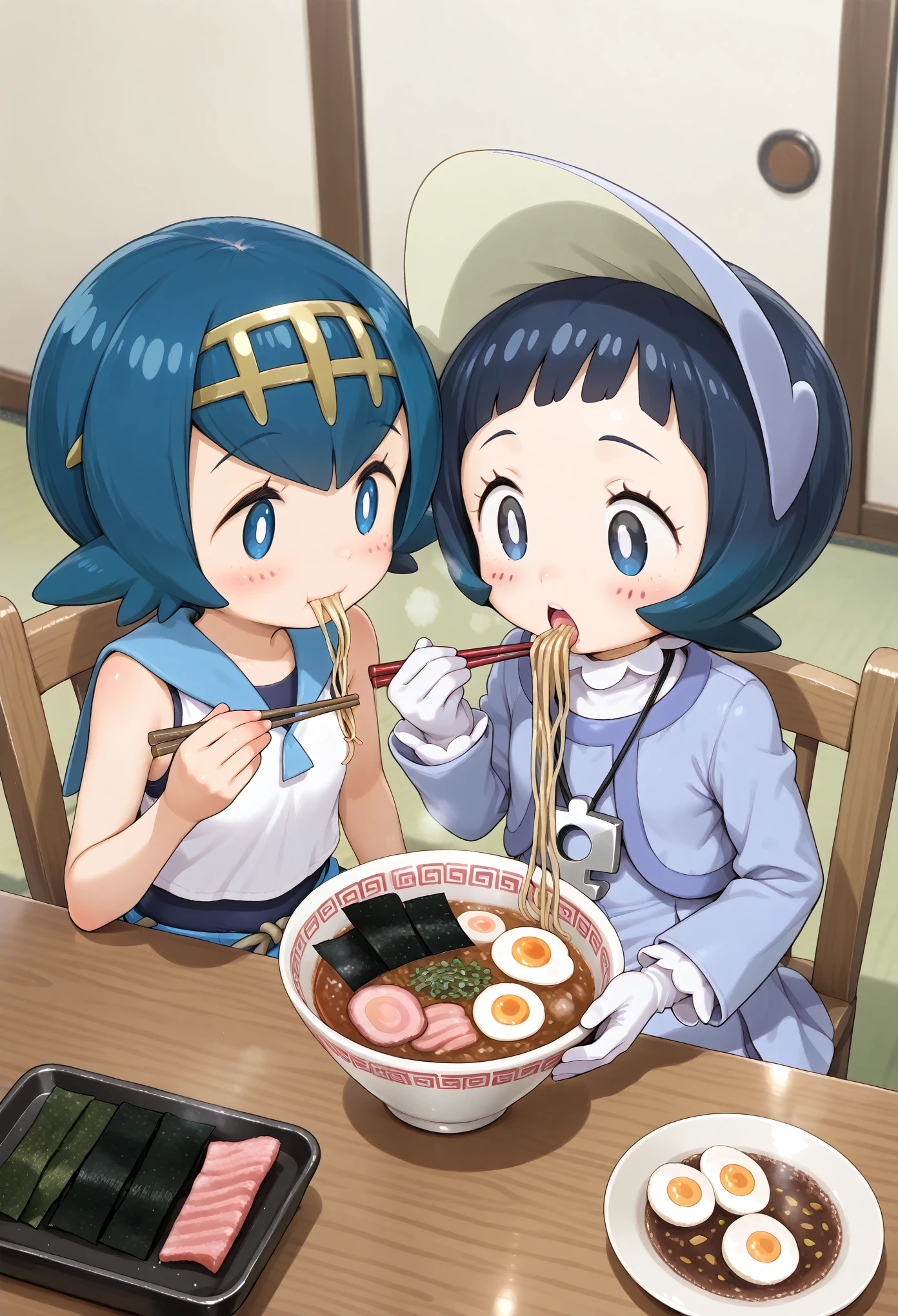 2girls, poppy \(pokemon\), lana \(pokemon\), official costume, eating, foodgasm, food, ramen, sitting, wooden table, wooden chair, from above, holding, holding chopsticks, indoors, noodles, nori \(seaweed\), egg \(food\)