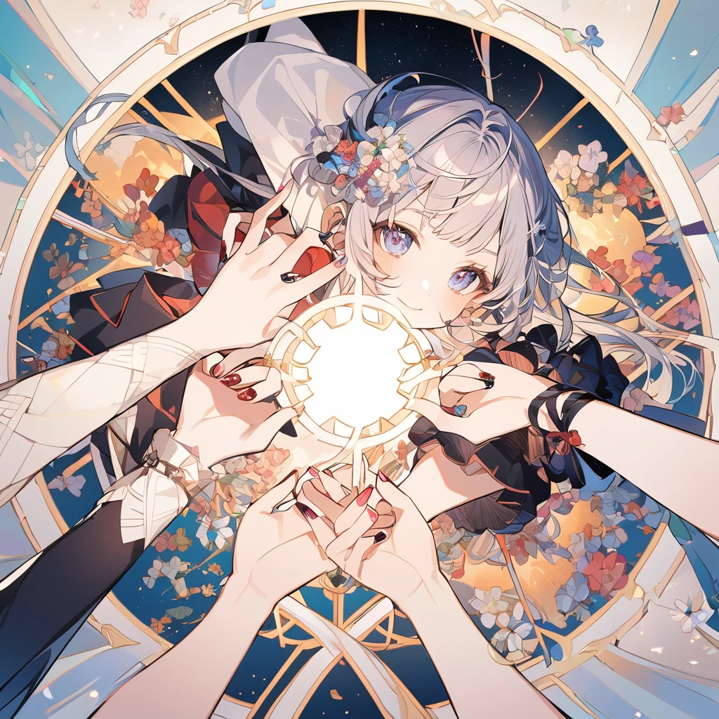 ((White Hair　Short Hair　Three-cornered hat　magic circle))　((night　magic circleから大量のナイフを飛ばしてください))　(Dance　Flame Blade　Glowing knife　)　moon　star　Slashing　Catch the wind　Tense face