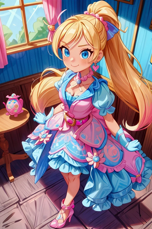 "Masterpiece, best quality, Piper from Brawl Stars, blonde long hair, ponytail in hair, blue eyes, standing indoors with intricate details and sunlight. Blue frilled dress with short neckline, pink gloves, pink belt, earrings, blue heels. Sweet smile, sexy pose, coquette, beautiful legs, mature body, gorgeous."