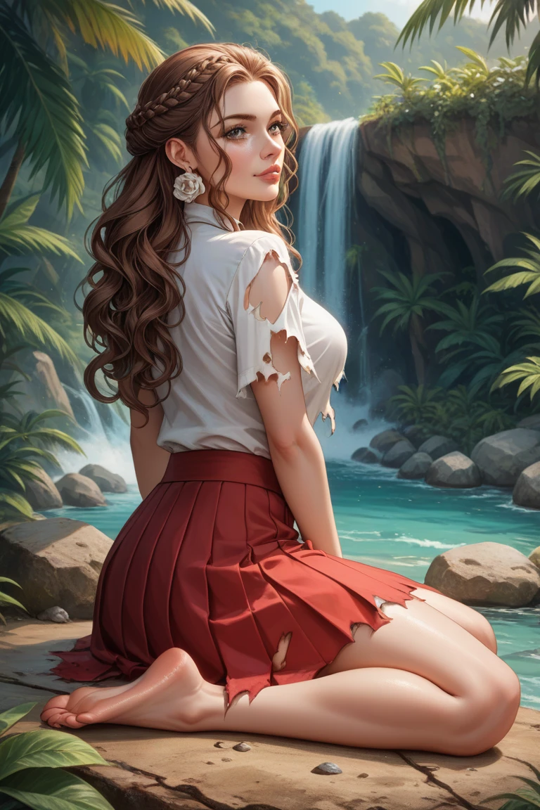 NSFW, (((masterpiece))), best quality, 1girl, beautiful woman, (thicc:0.5). A relaxed, confident pose on a deserted tropical island. She has (very detailed ivory skin:1.4) with a (light oil sheen:1.1), a (lightly freckled face:0.7), (soft rose lips), and a (a gentle warmth smile:1.0). Her (long brown hair:1.4) frames her face, with (brown colored eyes:1.0) and (warm brown  eyeshadow). She has a (very tiny nose:1.6) and (small ruby stone earrings).

Body characteristics: Emphasis on (breasts:0.9) and (ass:0.9), giving her a natural, confident shape.

Outfit: (Completely naked:0.0). She’s wearing a (soft white oversized button-down shirt that’s tied at the waist, visibly torn and heavily weathered:0.3), with (loose, airy red skirt, made of soft cotton fabric, heavily worn, and visibly torn:1.4). (Barefoot).
