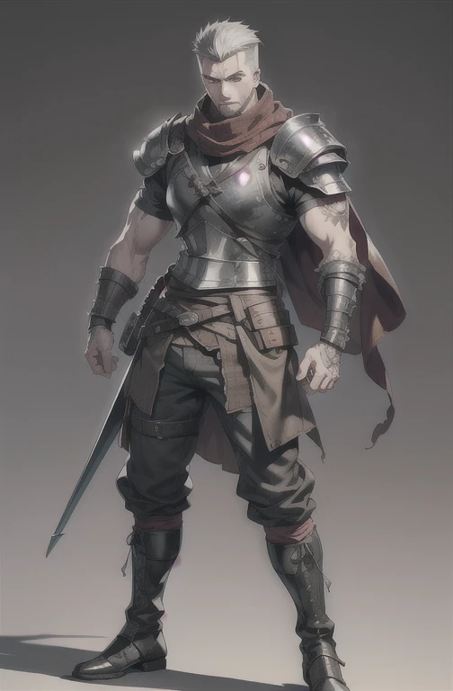 (masterpiece, ultra-detailed, high resolution, best quality:1.2), (anime, simple background, plain background, sketchy drawing, standing posture, full body, male focus), ((brigand:1.1), 1guy, solo, (muscular:0.9), large build, (short sleeve:1.1), (Breastplate over clothing:1.2), (medieval brigand outfit:1.2), tattoo, tattered, pants, scarf, punk, very short boots), (undercut, (spiked hair:0.7), short hair, silver hair, (very thin beard:0.7))