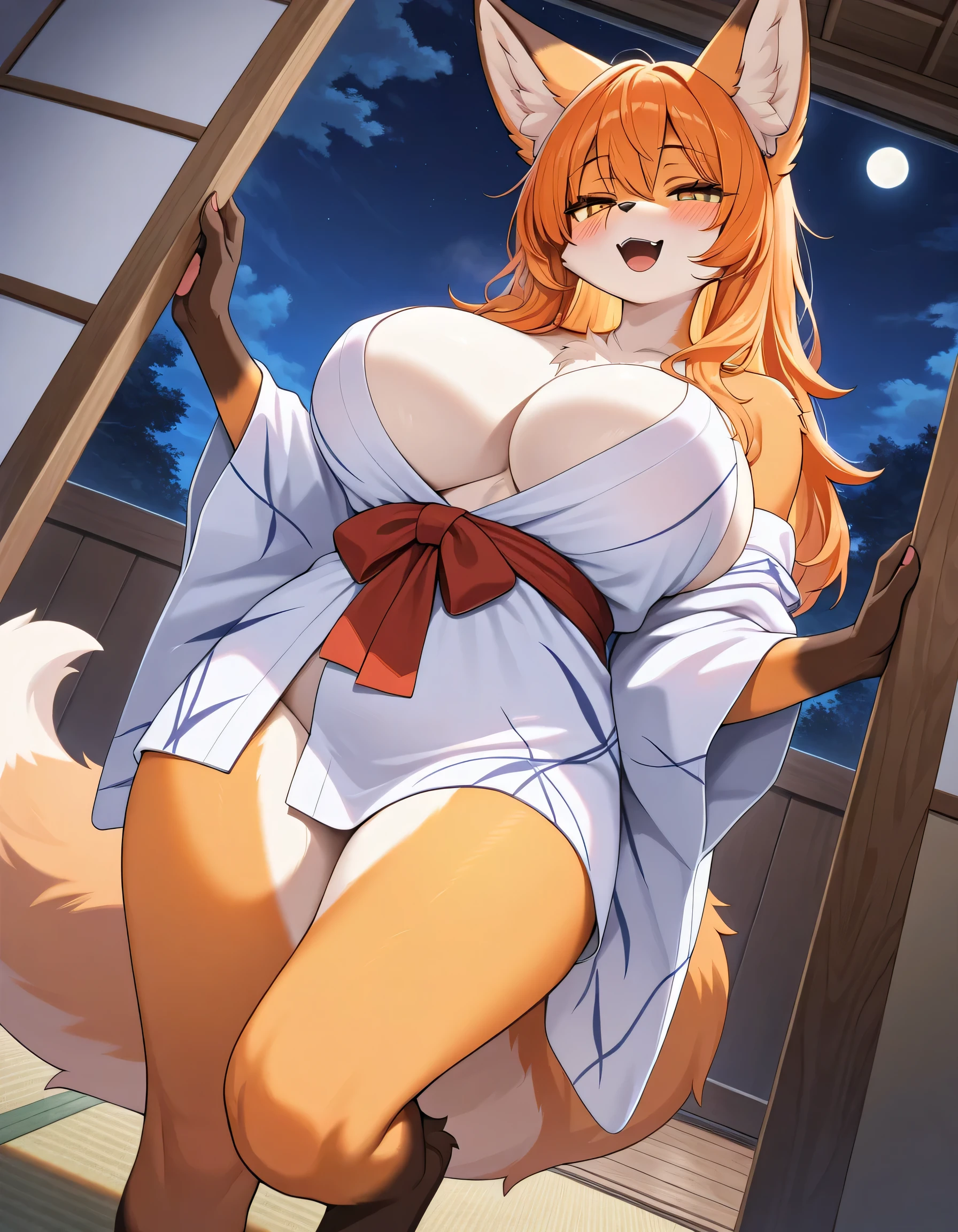 1girl, (furry, furry female:1.4), animal ear fluff, animal nose, (snout), orange fur, pawpads, tail, fox girl, yellow eyes, masterpiece, best quality, solo, huge breasts, long hair, looking at viewer, blush, orange hair, indoor, night, tatami, smile, barefoot, short kimono, white kimono, revealing clothes, messy hair, windowsill, off shoulder, standing, from below, half-closed eyes, open mouth, masterpiece, best quality, amazing quality, very aesthetic, absurdres, newest,