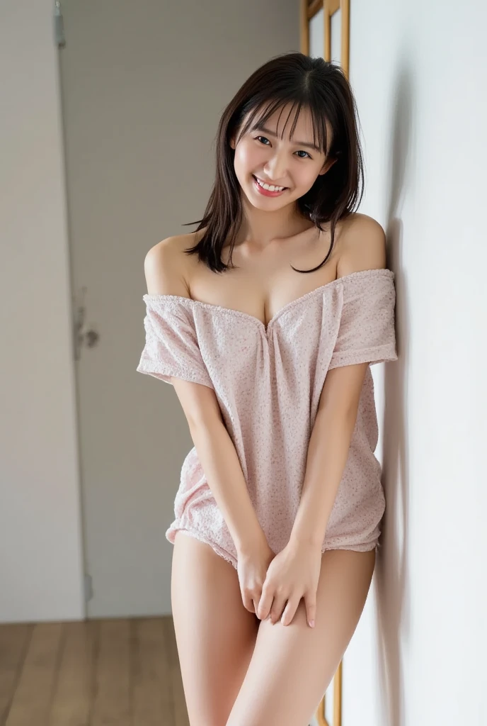 Only one woman with a cute smile wears cute, fluffy off-shoulder pajamas, makes a big heart shape with both hands, and poses them in front of her chest, View above collarbone、The background is a monotone 

