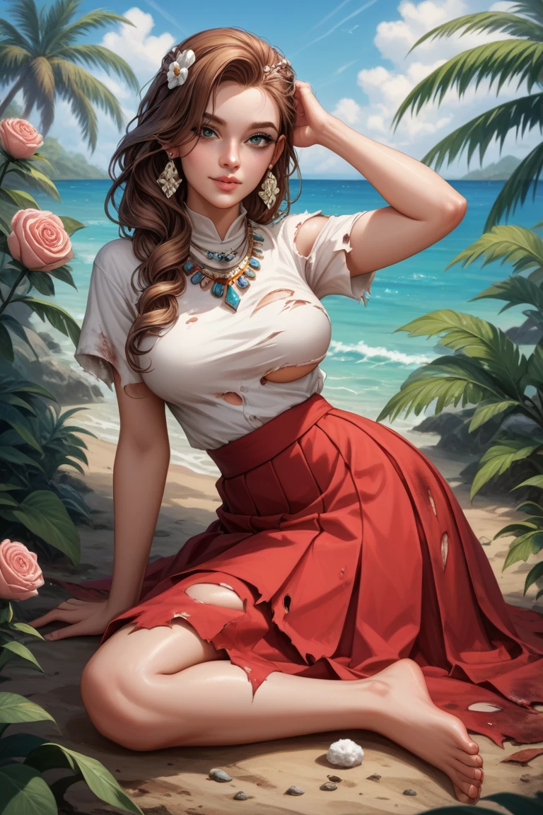 NSFW, (((masterpiece))), best quality, 1girl, beautiful woman, (thicc:0.7). A relaxed, confident pose on a deserted tropical island. She has (very detailed ivory skin:1.4) with a (light oil sheen:1.1), a (lightly freckled face:0.7), (soft rose lips), and a (a gentle warmth smile:1.0). Her (long brown hair:1.4) frames her face, with (brown colored eyes:1.0) and (warm brown  eyeshadow). She has a (very tiny nose:1.6) and (small ruby stone earrings).

Body characteristics: Emphasis on (breasts:0.9) and (ass:0.9), giving her a natural, confident shape.

Outfit: (Completely naked:0.0). She’s wearing a (soft white oversized button-down shirt that’s tied at the waist, visibly torn and heavily weathered:0.3), with (loose, airy red skirt, made of soft cotton fabric, heavily worn, and visibly torn:1.4). (Barefoot).
