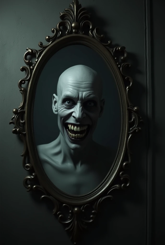 An evil demon crawling out of a mirror. He has red eyes