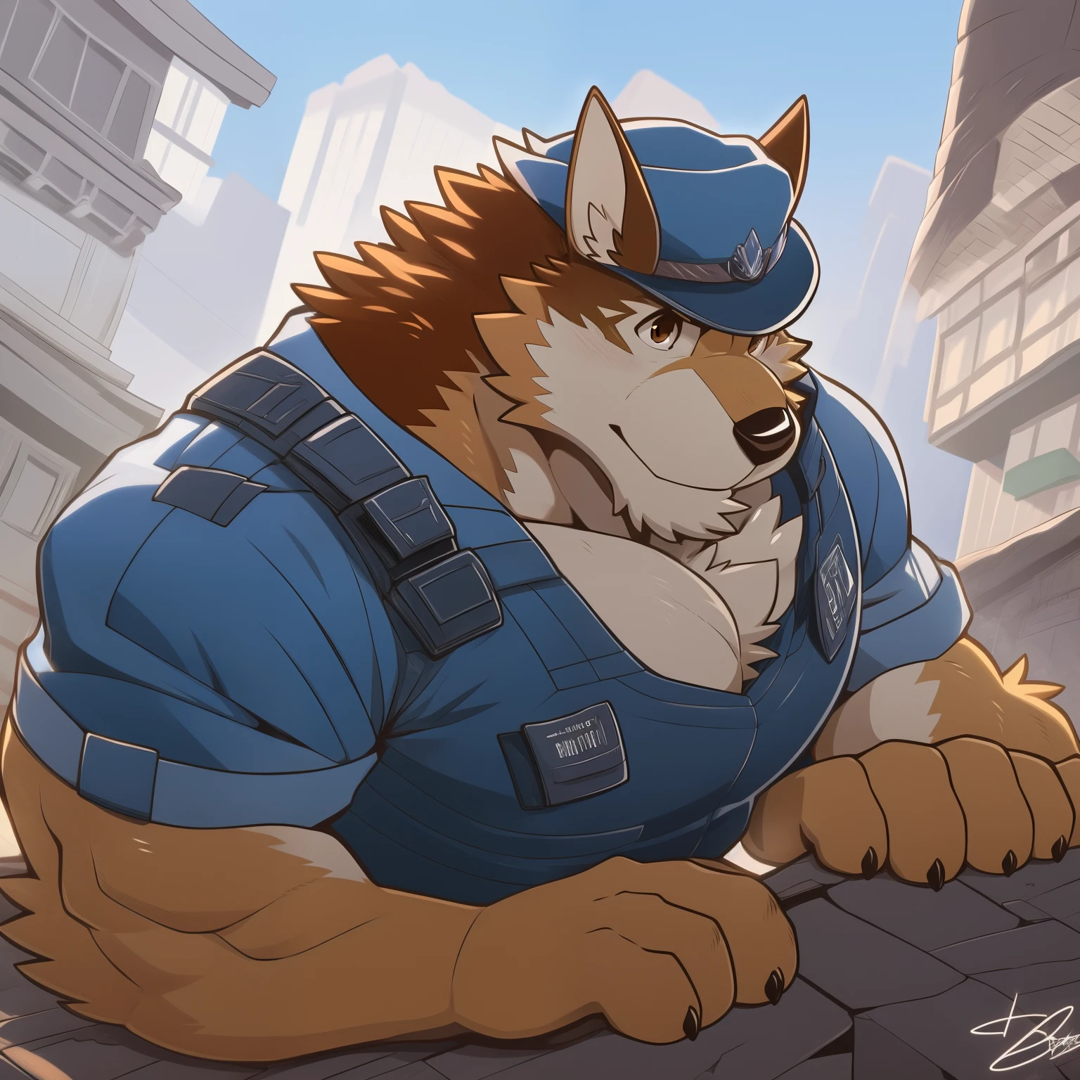 author: takemoto arashi, (1 boy), one, barrel, Second Men, kemono, hot body, Muscle,  beautiful, sexual, Attractive guy, (detailed brown eyes), Brew, (masterpiece, A high-resolution,  best quality ), 4K, bad, barrel, portrait,  beautiful shadow, chest muscles focus , police uniform, in the city, against the backdrop of the city, 