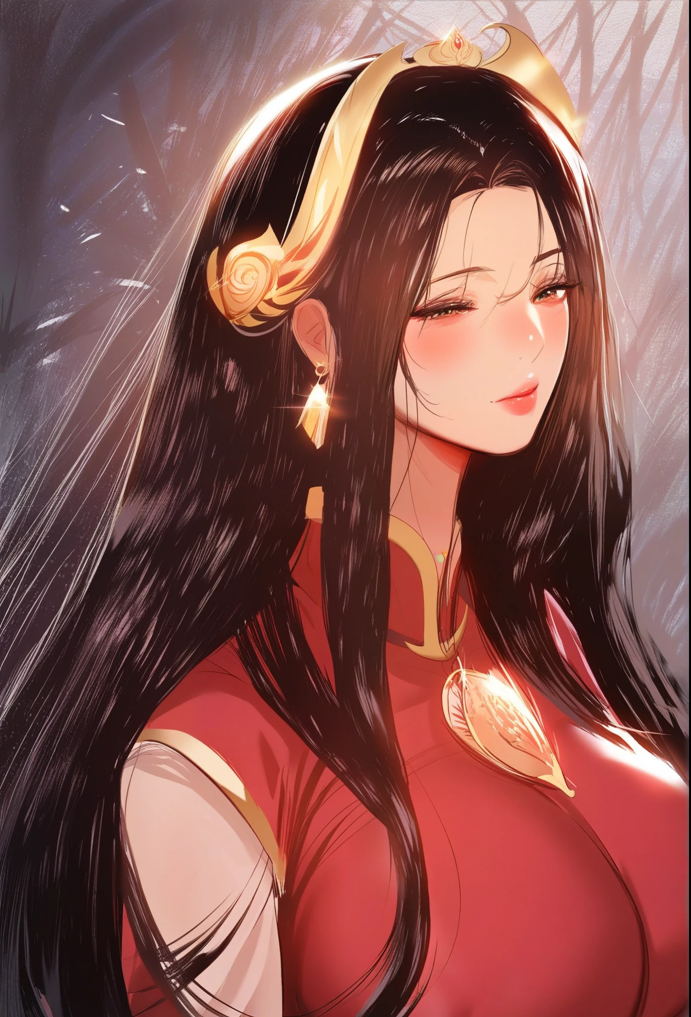 Chinese, big breast , long hair ,fully closed large breasts, Hair ornament, earrings, high quality, high detail , masterpiece, dark hair with pink endings, royal ,MILF, 40 years old, some wrinkles, divine armor, age fat , villainess, red tones , point on the cheek