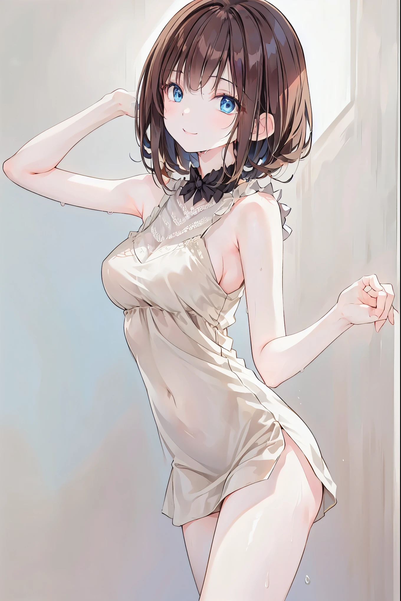 （ cute girl :1.3）、 smile,Summer atmosphere、 plain t-shirt、(3)，Blue Sky， small breasts， flat chest，(( please redeem )), ( very detailed), (High-resolution CG synthesis 8K wallpaper), 高いly detailed,   Hi-Res RAW Color Photos,  professional photo shoot,   written border depth ,Brown Hair， shortcuts， hair is unkempt ，  short braided hair that is wet on the body ，Neat，Slender beauty，Hall々A positive attitude， small breasts，Beautiful legs，Her mesmerizing grey-blue eyes shine like stars， bright colors, beautiful eyes,繊細なsmile,The best品質、The best, gentle beautiful woman ,Anime Style､Brown Hair， shortcuts， Unkempt Hair ，Short braided hair，Neat，Slender beauty，Correct posture，Small chest，Beautiful legs， enchanting gray-blue eyes shine like stars，Droopy eyes， bright colors, beautiful eyes,繊細なsmile,Textured Skin,The best品質を最高に, gentle and beautiful woman , anime style､