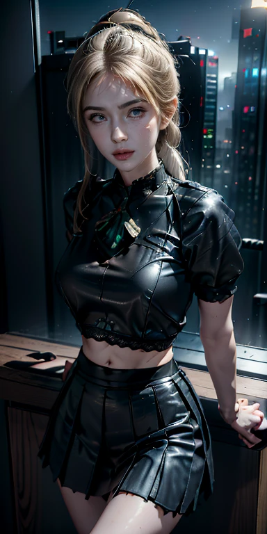 there is a woman with small breasts in a corset and a black and white outfit, with Fishnet on covered breasts, no cleveagewearing techwear and armor, cyberpunk outfit, wearing japanese techwear, intriguing outfit, all black cyberpunk clothes, cyberpunk style outfit, female cyberpunk anime girl, cyberpunk streetwear, cyberpunk dress, anime girl cosplay, photograph of a techwear woman, cyberpunk anime girl, wearing cyberpunk streetwear, maid outfit