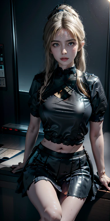 (masterpiece:1.2), ultra detailed, ultra high res, (realistic, photo realistic:1.37), high detail RAW color photo, professional photograph, extremely detailed face, extremely detailed eyes, extremely detailed skin, extremely detailed fingers, highly detailed nose, highly detail mouth, Perfect Anatomy, Highly detailed background, (a famous actress of Japan:1.2), (gals:1.3), (flat chest:1.6), brown race, dark skin, (blonds hair:1.3), (wearing an urban techwear:1.5), black tube top, collarbone, midriff, navel, cargo pants, white tech shoes, empty Tokyo train platform, from below, low angle, dynamic lighting,