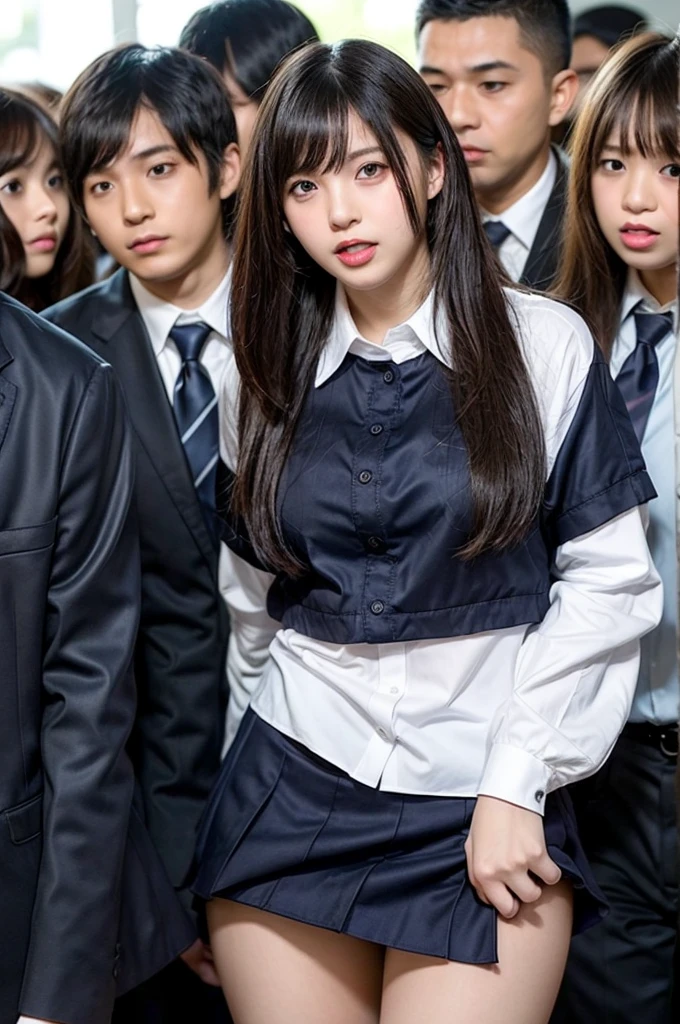 NSFW)、highest quality、ultra high resolution、picture perfect face、beautiful expression、beautiful face、beautiful eyes、((high school girl、school uniform、小さいchest:1.3))、young woman、Subway car interior background、in a crowded train、(There are many men on the train、Male molestation on the train)、(((( Old man standing behind woman、old man grabs a woman'chest、touch from the front.、dislike、sad expression、3 males、1 female、 with a man、clothes are torn:1.2、woman with hands behind her back))))、(can enter) 、( About the body、large-scale )、Touched by many hands、Touched by many hands、The viewer holds out his right hand、The man has a vulgar expression、Pennian's Hug、dislike、(tears:1.2)、男がchestをギューっとつかむ