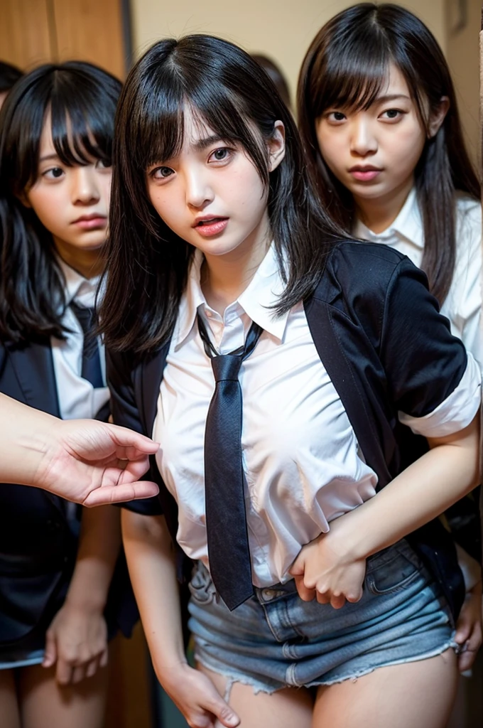 (8k、RAW Photos、Highest quality、masterpiece:1.2)、(Realistic、Realistic)、((3 girls:1.8))、Three Japanese elementary school students、Three people in a row記念撮影、((Three people in a row:1.8))、Three girls friends、Elementary 、((Check mini skirt、Loafer Uniform、blazer、Small breasts、classroom、I sat on a chair、Front view、Spread your legs、Silk Panties))、Lots of eyelashes、Add shine to your eyelids、skeletally correct、Showing off panties、Spread your legs out to the side:1.5、Panty shot、sexy、(Panties close up:1.0)、Skirt Lift、Roll up your skirt、(M-shaped legs))、Nipples are visible、Showing off nipples、The cutest elementary school student in the world