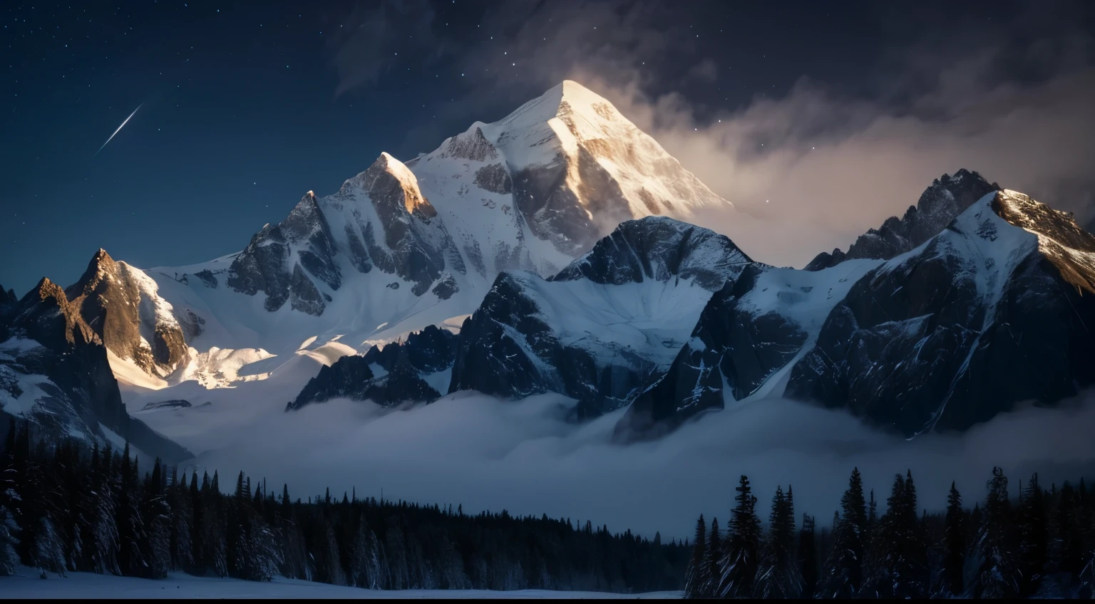 a beautiful moonlit mountain landscape, snow-capped mountains, night sky, full moon, starry sky, serene, tranquil, atmospheric, dramatic lighting, cinematic, ((best quality,4k,8k,highres,masterpiece:1.2),ultra-detailed,(realistic,photorealistic,photo-realistic:1.37)), landscape, nature, environment, outdoors, winter, cold, peaceful, majestic, awe-inspiring, dramatic, moody, ethereal, mystical