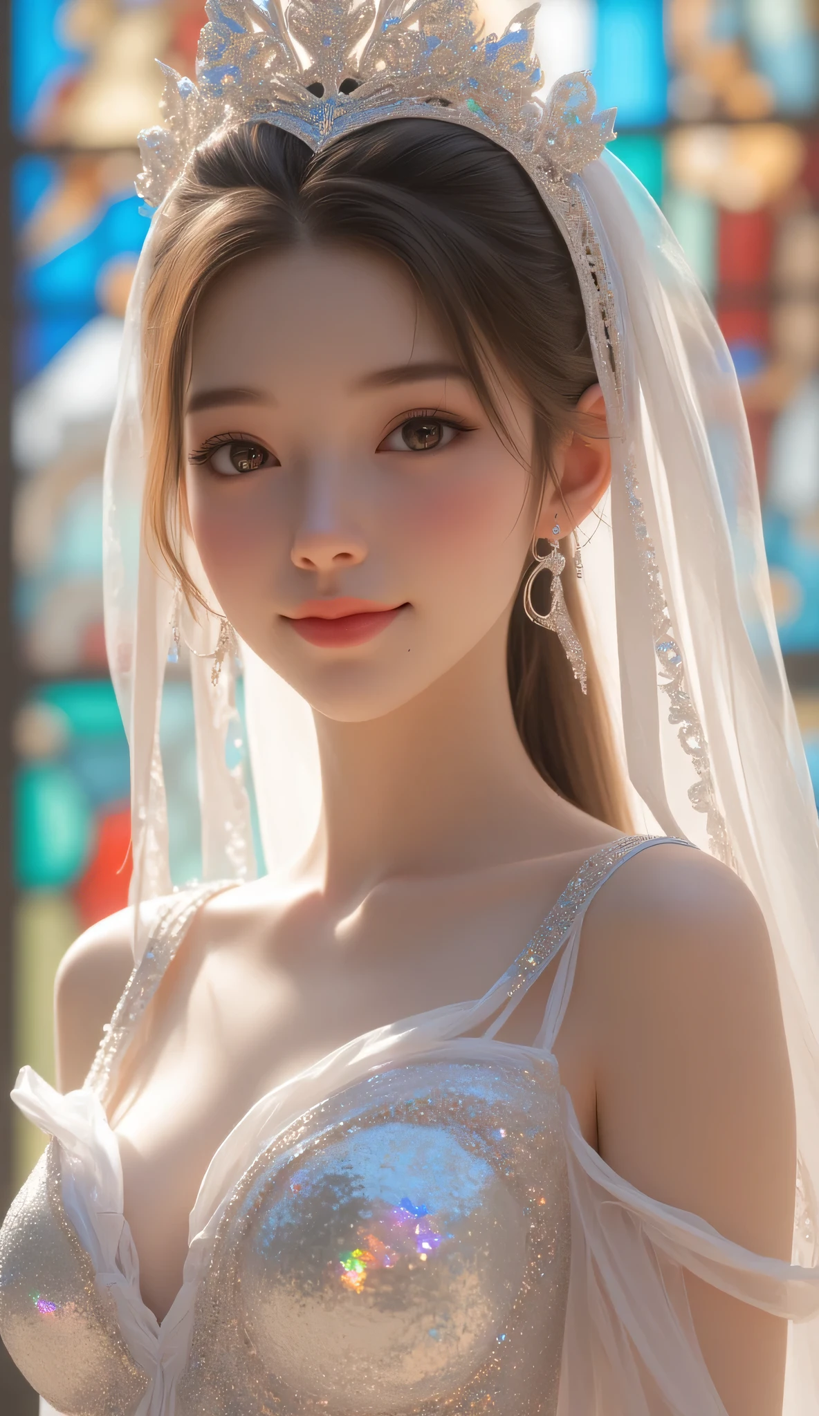 最high quality, masterpiece, High resolution, One girl, clear silk porcelain dress, Beautiful Face, hair accessory, Looking at the audience, smile, Shut your mouth., lips, dress, hair accessory, necklace, jewelry, Long Hair, Earrings, Beautiful Face, On the body, Tidal effect, realism, Dark studio, Edge lighting, Two-tone lighting, (Skin with attention to detail: 1.2), 8k UHD, Digital SLR, Soft Light, high quality, Volumetric lighting, photograph, High resolution 4K, 8k, Blurred Background