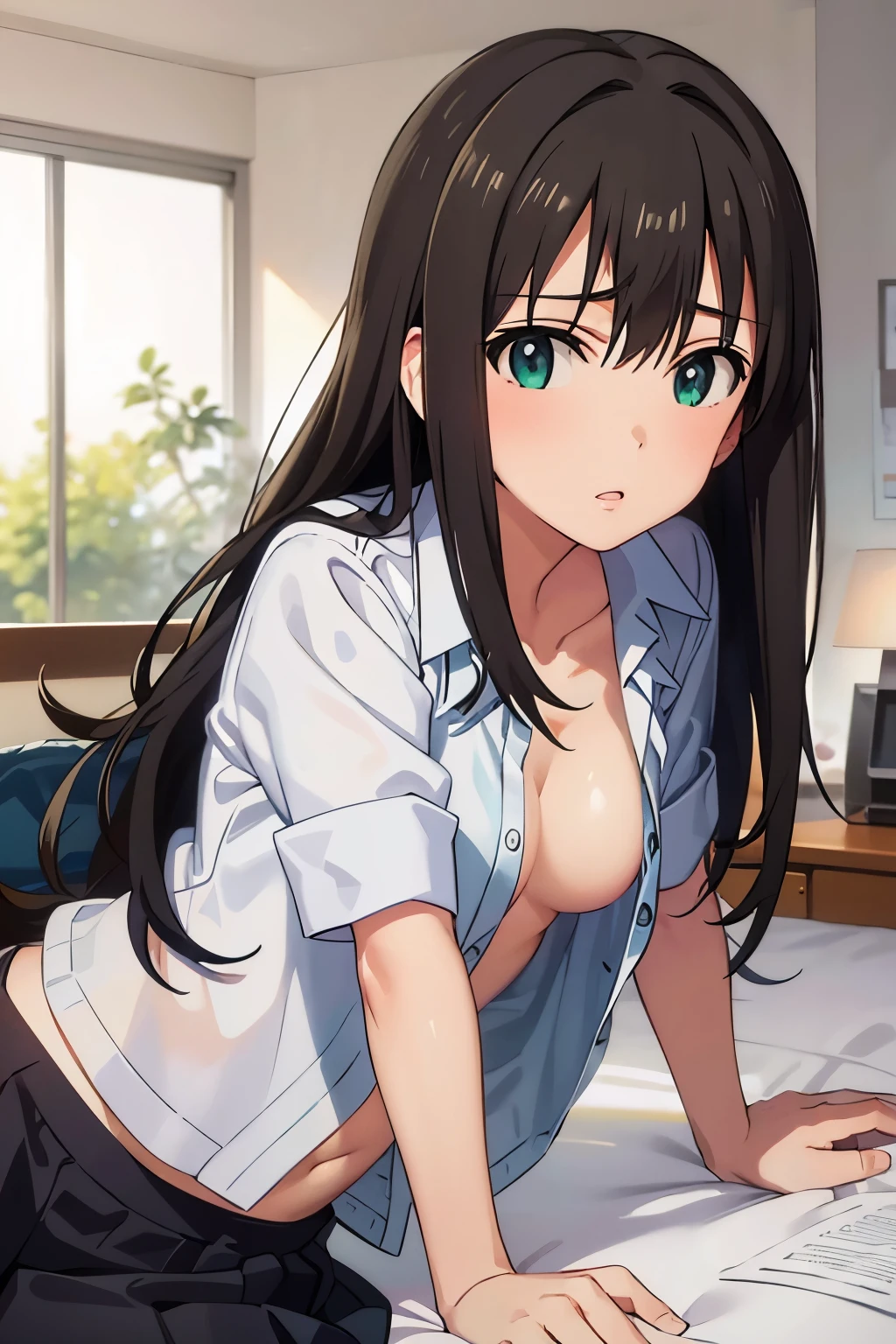 Rin Shibuya, Lying on the bed open shirt showing breasts.