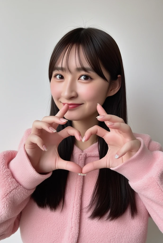 Only one woman with a cute smile wears cute, fluffy off-shoulder pajamas, makes a big heart shape with both hands, and poses them in front of her chest, View above collarbone、The background is a monotone 

