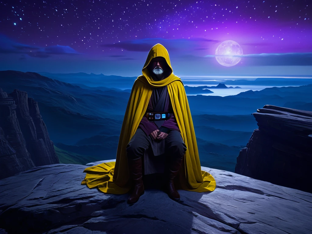 masterpiece, highcontrast, star wars cinematic, A jedi master with a yellow (old  ragged, hood, cape) sitting on rock meditading, top of the mountain, top view,  in a star wars landscape.  Blue and purple cloths, night time, space, stars, moons, and planets, purple aurora boreal, no face, 