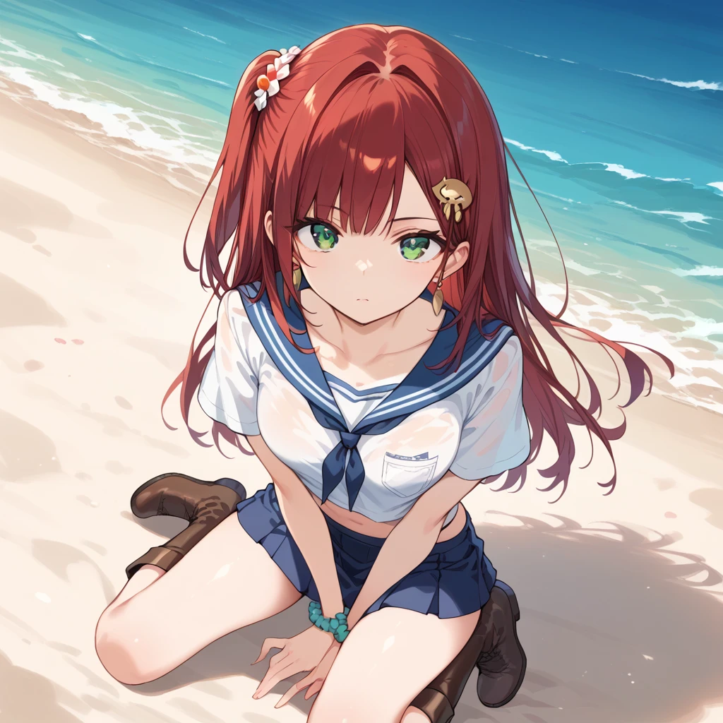 score_9, score_8_up, score_7_up, source_Cartoon, Seaside Road  ,   red hair, (green eyes, one side up),,hair accessories,   Glossy Skin , long hair,  Short Skirt Black Above Knee Boots Hooped Earrings Small Cute Slim Shoulder Slim Short T Full Body Photo 