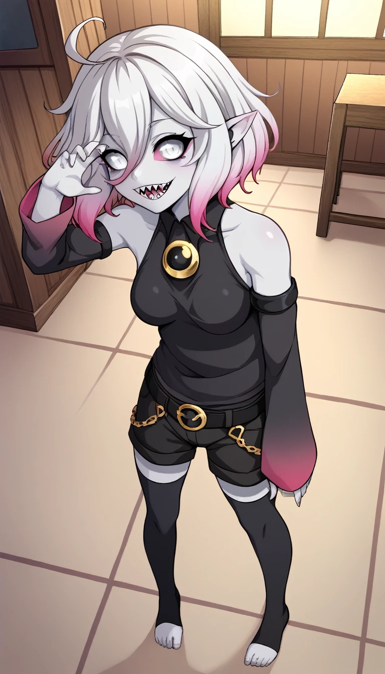 BriarlolXL ,  White eyes,  colored sclera eyes, white hair,  multicolored hair, gradient hair,  short hair,  hair between her eyes, ahoge, Pointed ears,  sharp teeth, pale skin, gray skin, colorful skin, medium breasts, bare shoulders, tight black shirt, joy, loose sleeves, shorts preto, belt, ( black bandaged leg :1.2),  black tights , toeless socks, Alone, standing,  looking at the spectator,  inside the house 