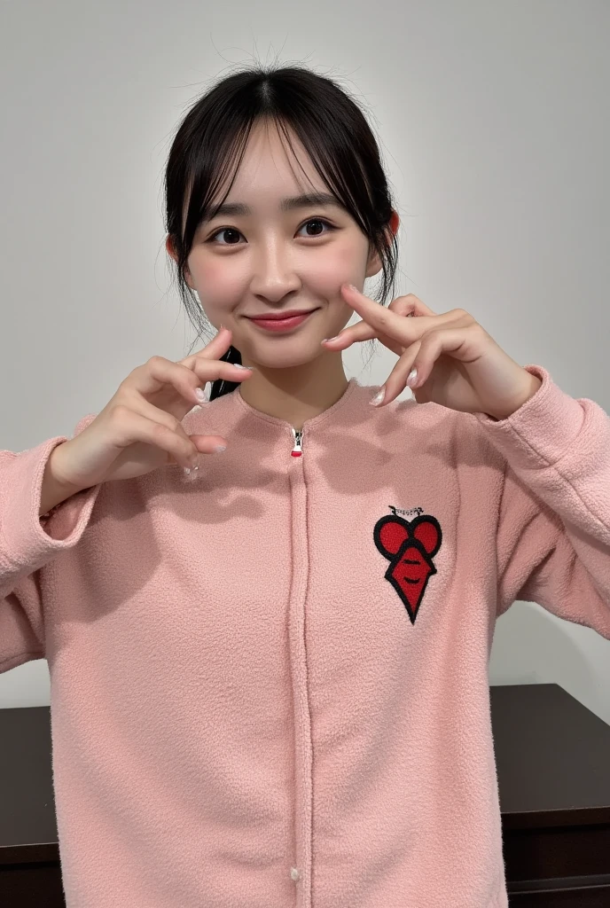 Only one woman with a cute smile wears cute, fluffy off-shoulder pajamas, makes a big heart shape with both hands, and poses them in front of her chest, View above collarbone、The background is a monotone 

